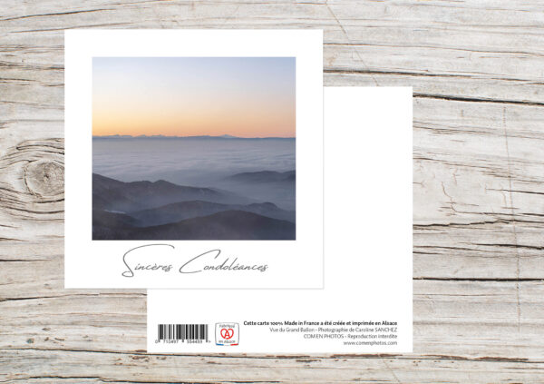 Carte Simple Format 12x12 cm avec enveloppe - Sincères condoléances - Grand Ballon Alsace