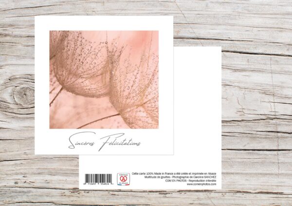 Carte Simple Format 12x12 cm avec enveloppe - Sincères Félicitations  goutte rose