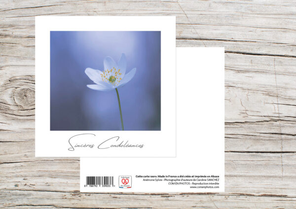 Carte Simple Format 12x12 cm avec enveloppe - Sincères condoléances - Anémone Silvie