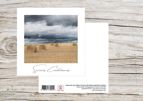 Carte Simple Format 12x12 cm avec enveloppe - Sincères condoléances - Champ de blé
